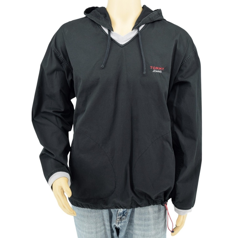 Vintage 90s Tommy Jeans Hooded V-Neck Pullover Black 100% Cotton Jacket Men's L